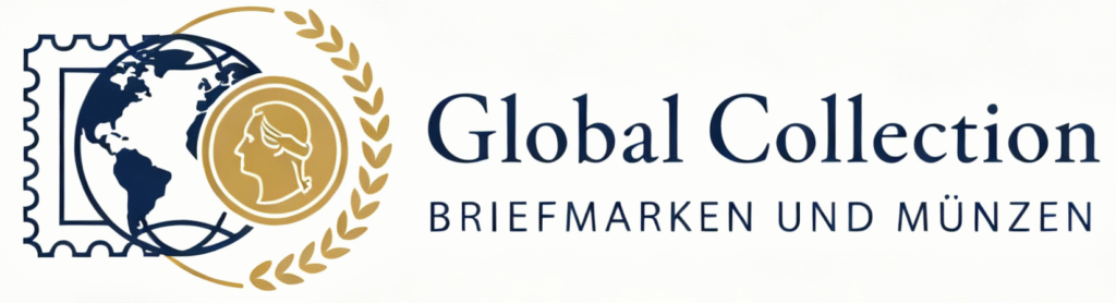 Global Collection logo with a globe inside a postage stamp, a gold coin, and a laurel wreath, plus the text 'Global Collection' and 'Briefmarken und Münzen'.