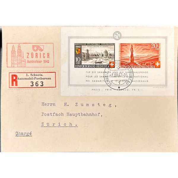 Schweiz 1942 Bundesfeierblock 10+10/20+10, Zürich-Stempel
