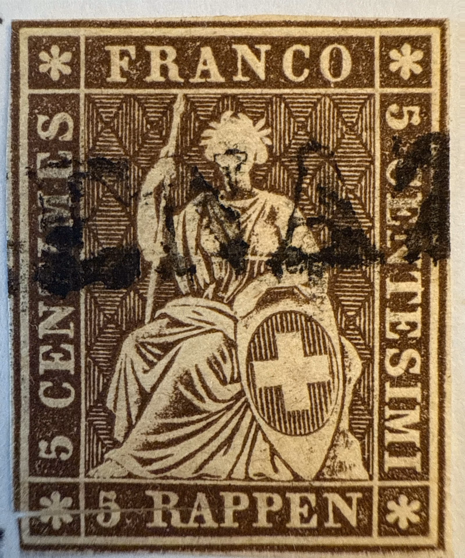 Schweizer Sitzende Helvetia im Kästchenmuster, Ausgabe 1854–1863