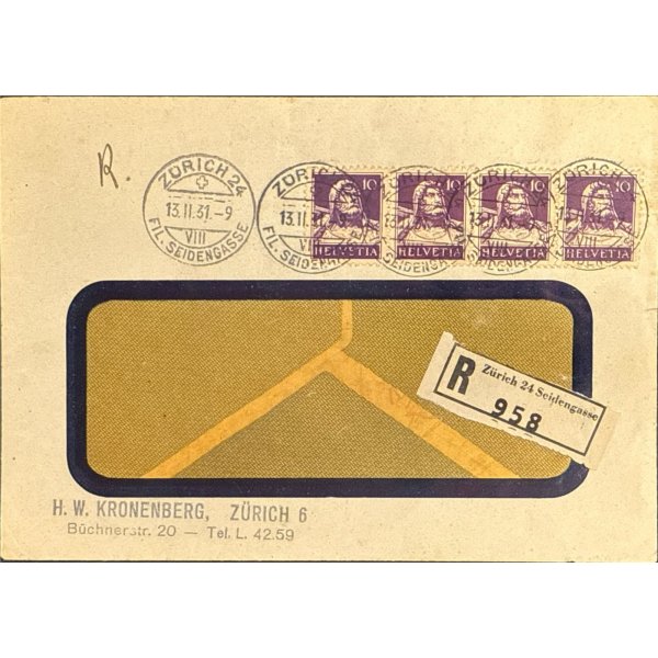 Schweiz Helvetia 10c, R-Brief Zürich/Bülach 13.11.31