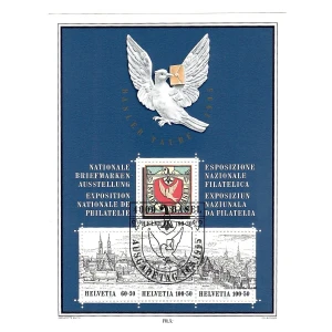 BM_1088_f.jpg Postage stamp sheet with a white dove, Swiss cityscape, and multicolored philately exhibition design.