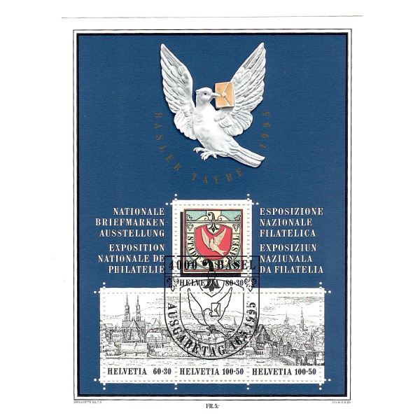 BM_1088_f.jpg - globalcollection.ch globalcollection.ch - Postage stamp sheet with a white dove, Swiss cityscape, and multicolored philately exhibition design.