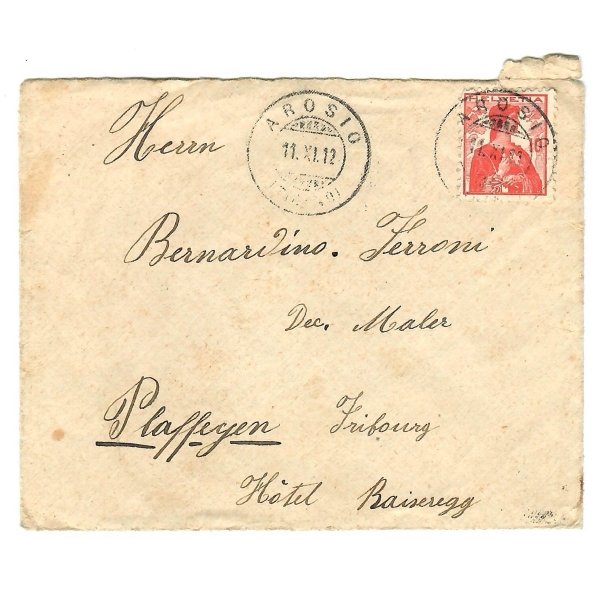 Schweiz 10c Helvetia-Brief mit Arosio-Stempel 1912/21