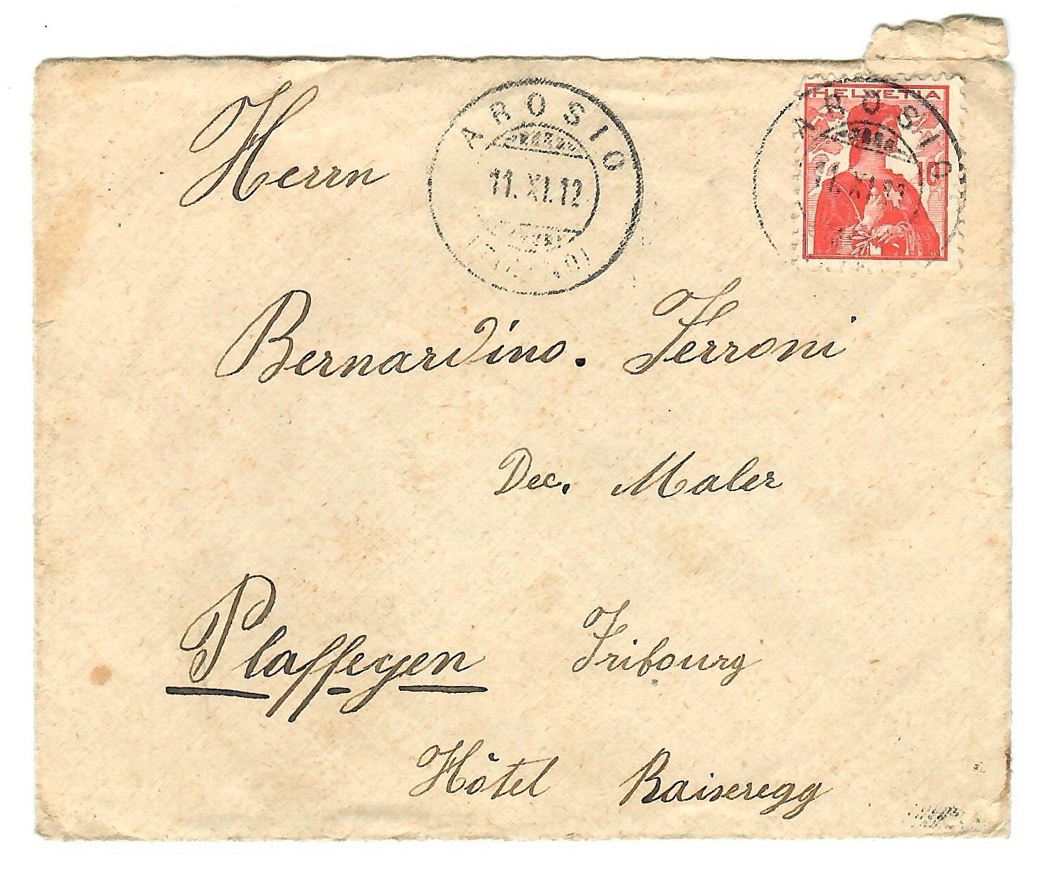 Schweiz 10c Helvetia-Brief mit Arosio-Stempel 1912/21