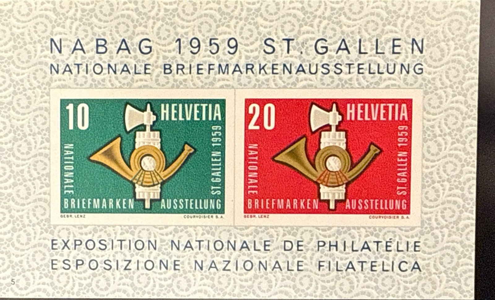 Schweiz 1959 NABAG Block, 10+20 Rp und 2 Fr, St. Gallen