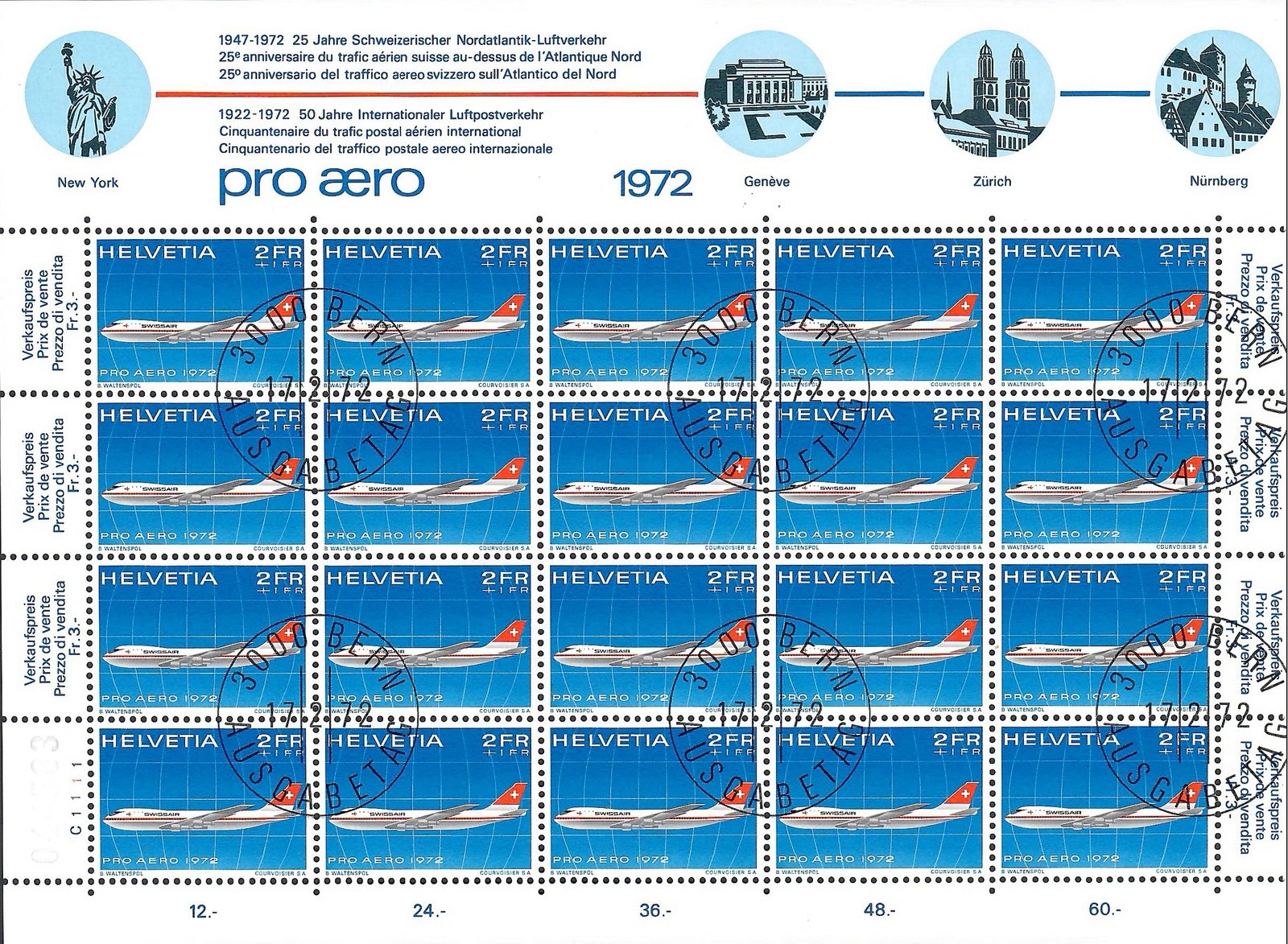 Schweiz 1972 Pro Aero 2 Fr Swissair, Stempel Solothurn