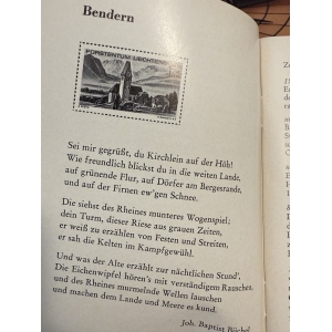 Book page with a small black-and-white stamp illustration (Fürstentum Liechtenstein) above a German poem.