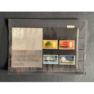 A display page showing British stamp designs: four stamps on the right and a grey text panel on the left reading BRITISH TECHNOLOGY PICTORIAL ISSUE.