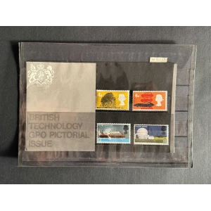 A display page showing British stamp designs: four stamps on the right and a grey text panel on the left reading BRITISH TECHNOLOGY PICTORIAL ISSUE.