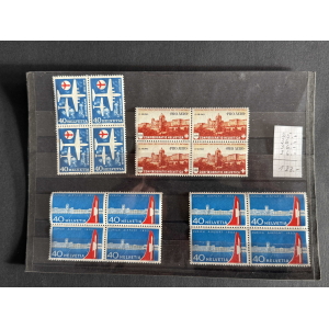 Page from a stamp album showing three blocks of vintage Swiss stamps: blue 40 Helvetia (Swissair aircraft) stamps on the left, red Pro Aero stamps in the middle, and blue Zurich Airport 1953 stamps at the bottom, with a small handwritten price note on the right.