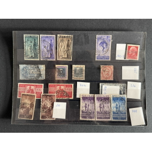 BM_1221_h-1.jpg - globalcollection.ch globalcollection.ch - Collection page of Italian postage stamps in a plastic sleeve, showing colorful classic stamps with postmarks and small handwritten notes.