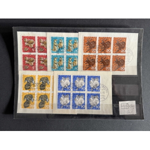Block of vintage Swiss postage stamps (Helvetia) featuring bears, deer, and rabbits in orange, blue, and teal tones arranged in a sheet with cancellations.