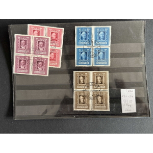Stamp album page displaying Liechtenstein stamps: left cluster in purple and red, top-right blue four-stamp block, bottom-right brown four-stamp block, plus a small handwritten price note.