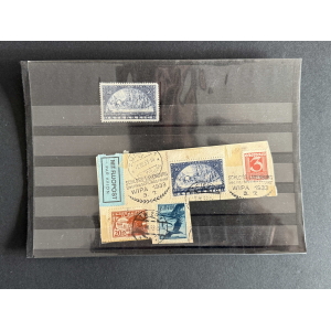 Small blue 50 stamp mounted on a dark striped album page, with a beige collage of Austrian stamps nearby.