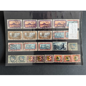 Collection page of Swiss Pro Juventute stamps from 1929, arranged in rows with purple mountain designs and a small handwritten price note visible on the right side.