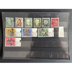 Row of Swiss Pro Juventute stamps (1942–1944) on a binder page in an albumo page with various colors and designs.