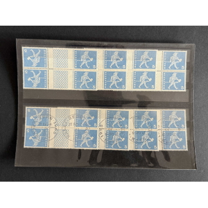 Two rows of blue Swiss Helvetia stamps, each with a walking figure and the number 5, in a plastic display page