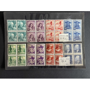 Sheet of vintage Swiss Pro Juventute stamps (Helvetia) arranged in four rows; colors include green, purple, red, and blue with denominations from 5 to 30.