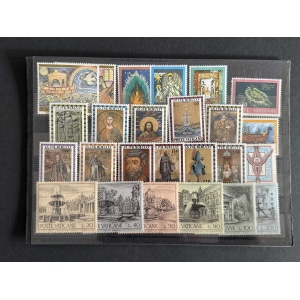 A collage of Vatican postage stamps on a black album page, featuring religious portraits, arches, and architectural scenes.