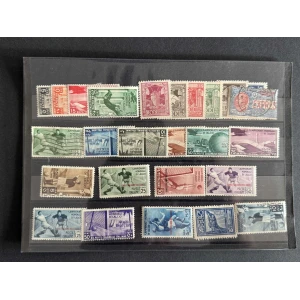 BM_1252_f-1.jpg Sheet of colorful vintage Italian postage stamps mounted in a black album page. The row-and-column layout shows green, red, blue, brown stamps with soccer and postal themes.",