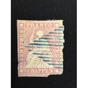 BM_1502_f.jpg Pink postage stamp featuring a seated figure with a sun behind, blue cancellation lines across it, value '15 RAPPEN' and 'FRANCO' at top. Edge torn on the right.