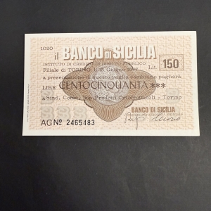 BM_1554_f.jpg A vintage Italian 150 Lire banknote from Banco di Sicilia laid on a dark surface, featuring intricate brown guilloche patterns and the word 'BANCO di SICILIA' across the top.